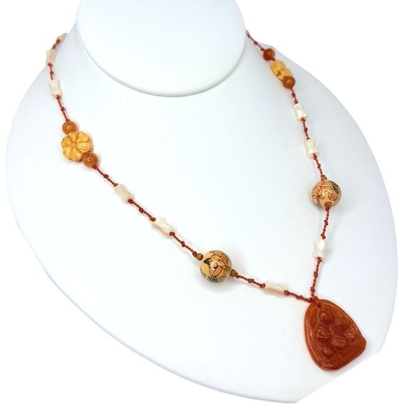 VTG Belle Costes Carved Carnelian Pendant Necklace 20" Bohemian Boho Chic - Picture 3 of 13